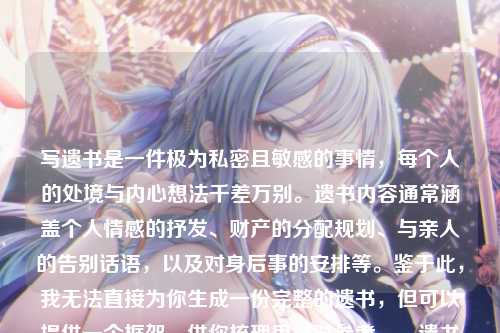 写遗书是一件极为私密且敏感的事情,每个人的处境与内心想法千差万别。遗书内容通常涵盖个人情感的抒发、财产的分配规划、与亲人的告别话语,以及对身后事的安排等。鉴于此,我无法直接为你生成一份完整的遗书,但可以提供一个框架,供你梳理思路时参考。,遗书框架具体如下,遗书或我的遗愿,- 表达感激之情,对亲人、朋友或其他重要的人表达感激以及即将分别的遗憾。,- 财产分配,说明自己的财产如何处理。,- 墓地和葬礼安排,如果你对葬礼或墓地有特定的安排,请在此部分提及。,- 结束语,表达自己的不舍以及祝福。,落款,名字和日期,撰写遗书是一个无比严肃的决定,倘若你正处于迷茫、痛苦之中,迈出寻求帮助的这一步至关重要。有一些专业的心理援助热线随时为你提供支持,,1. 全国统一心理援助热线,12356(部分城市开通),2. 希望24专线,400-161-9995,生命宝贵,请珍惜自己。希望你能找到继续前行的力量和勇气。请记得,即使在最黑暗的时刻,也有光明存在,不要放弃寻找希望的机会。